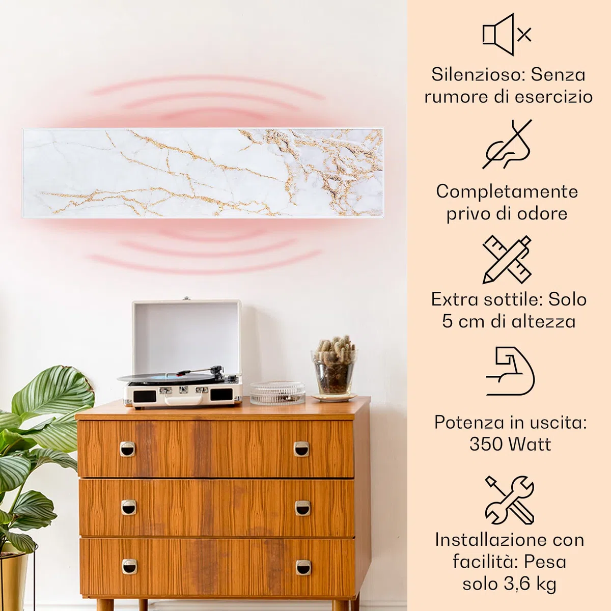 KLARSTEIN Wonderwall Air Art Smart - Pannello Radiante Infrarossi, Radiatore di Calore, 350 W, 7 m², App Control, Silenzioso, a Parete, 120 x 30 cm, Design: Marmo II