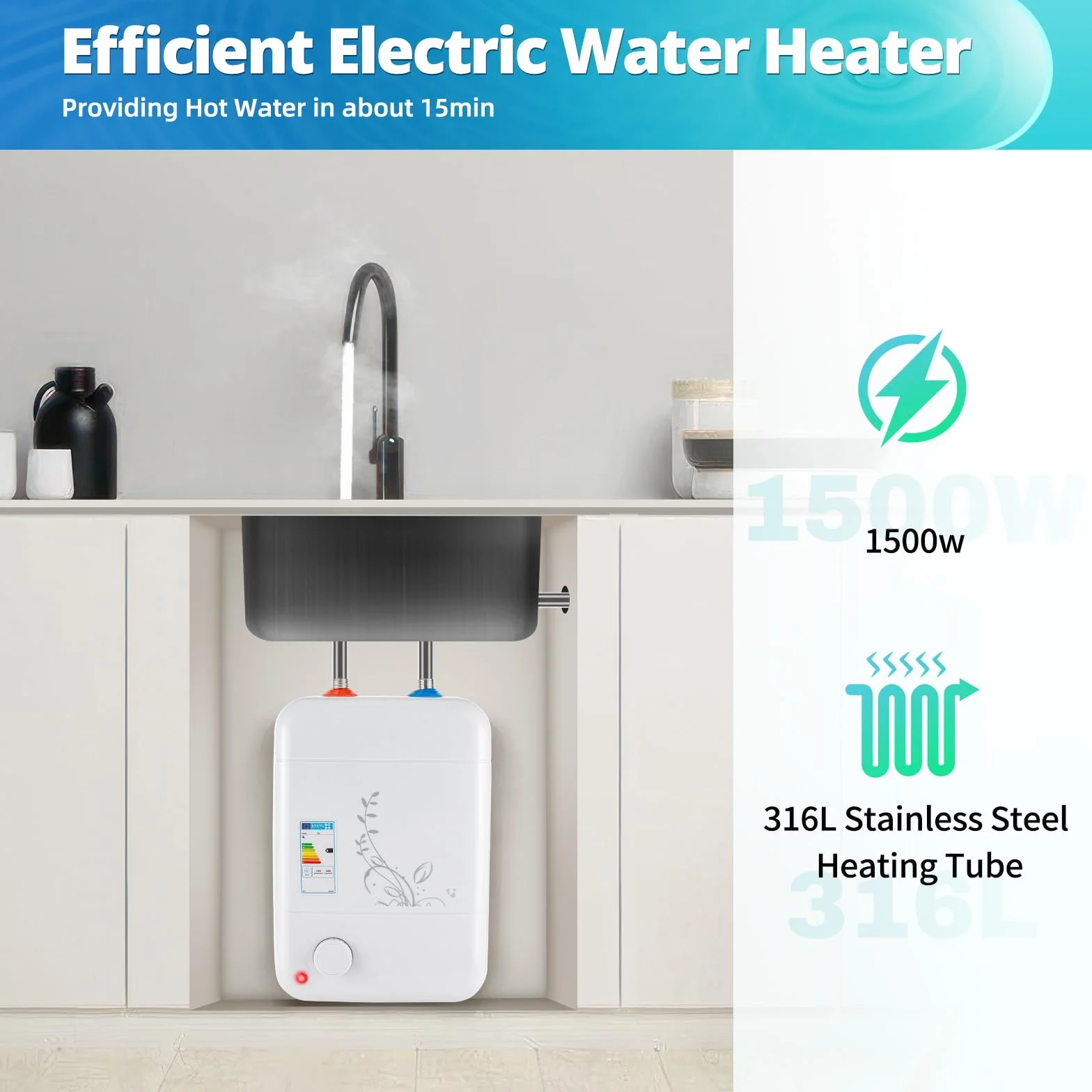 MINRS 8 l, piccolo serbatoio per acqua calda resistente alla pressione, piccolo serbatoio da 1500 W, temperatura regolabile, funzione termostato per lavello da cucina, bagno [classe energetica B]