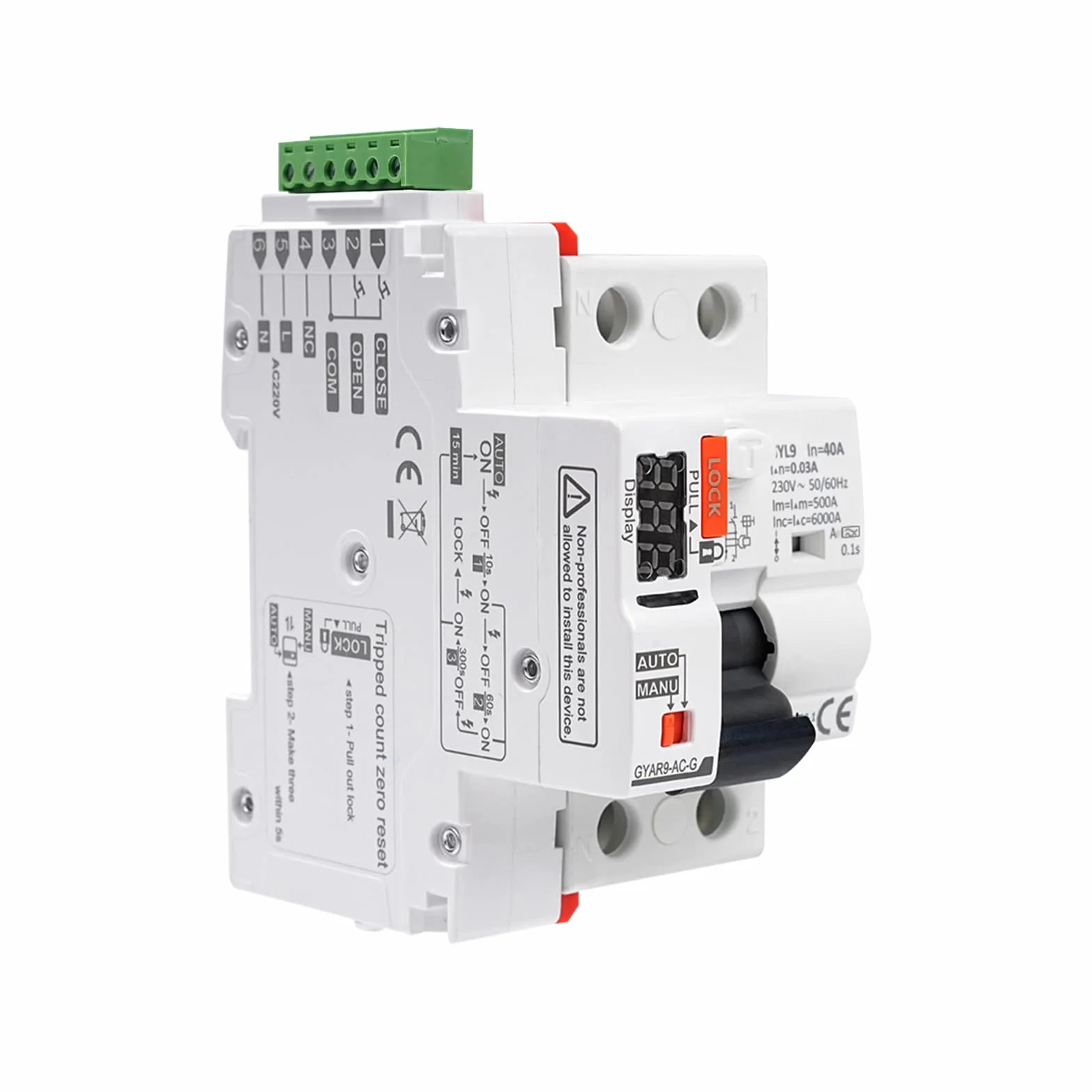 Interruttore Differenziale a Riarmo Automatico con display a LED,40A 30mA 2P AC230V Salvavita con Riarmo Automatico RCCB Salvavita Riarmo Automatico(30mA Type A)