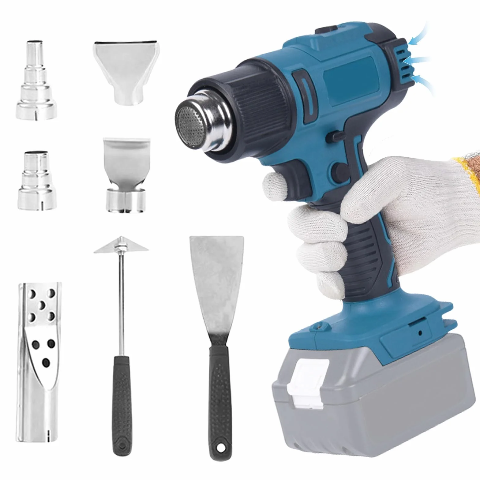 Pistola termica a batteria compatibile con batteria Makita da 18 V, con regolazione del volume d'aria a 2 livelli, temperatura fino a 550 °C e 7 ugelli per saldatura, piegatura di tubi (senza batterie