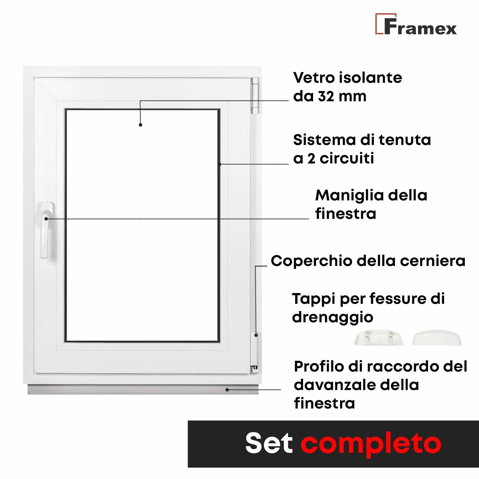Finestra in Plastica Bianca Larghezza x Altezza 55 x 70 cm (550 x 700 mm) Triplo Vetri (32 mm), Anta-Ribalta, Girevole DIN Destra – Premium