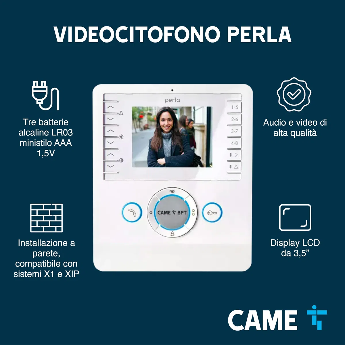 CAME Videocitofono vivavoce PERLA bianco con display LCD 3.5", ottima qualità video, due tasti AUX programmabili, compatibile con sistemi X1 e XIP, per una gestione sicura degli accessi residenziali