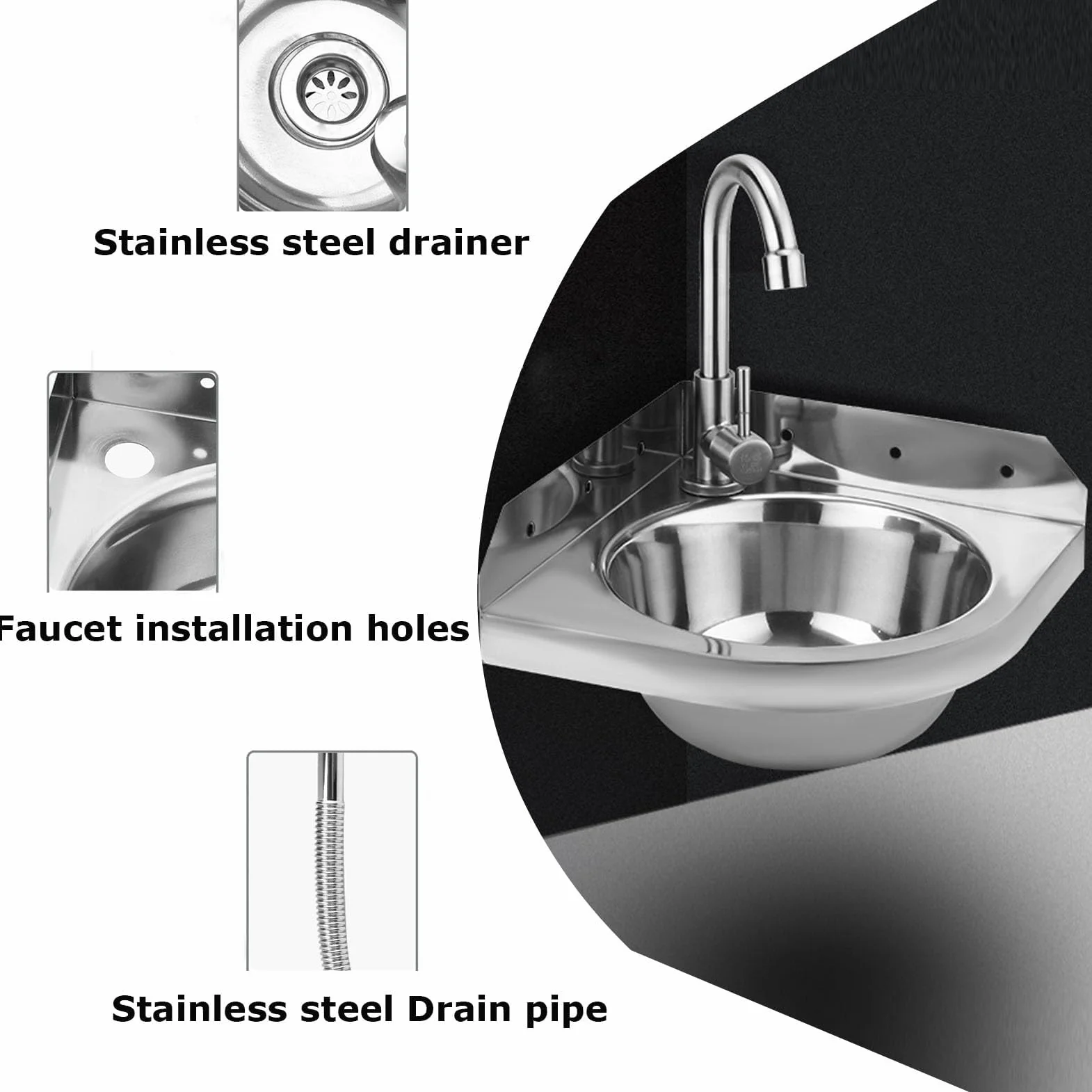 Lavabo Angolare in Acciaio Inox, Triangolare, A Parete, 26x26 cm, Per Bagno, Wc, Garage, Camping-Car, Barca
