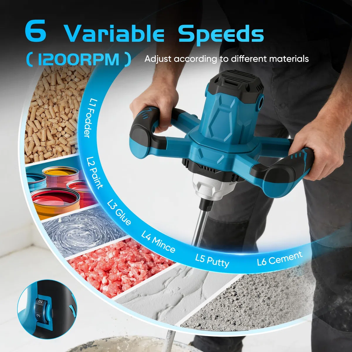 Miscelatore elettrico 2400 W, miscelatore manuale a 6 velocità regolabili, agitatore elettrico per cemento, intonaco, malta, vernice e colla