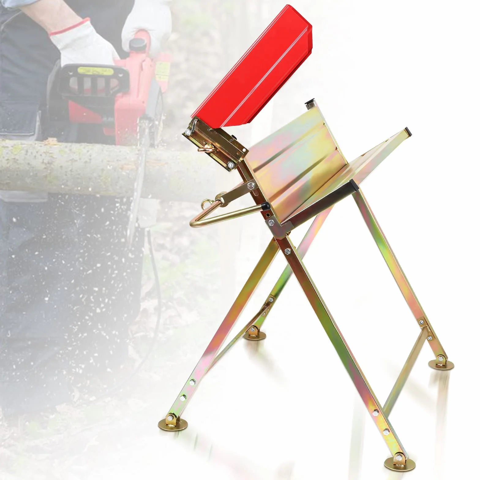 Cavalletto per motosega con supporto per catena, protezione per catena, barra di misurazione, supporto per sega pieghevole fino a 150 kg di portata, struttura stabile Adatto per segherie