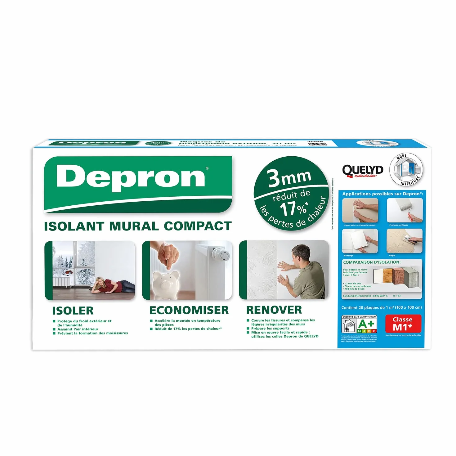 Quelyd Piastre DEPRON G3 - Spessore 3 mm - Piastra isolante termico - Isolante pareti interne - Colore Bianco - 20 piastre da 1 m² (100 x 100 cm)