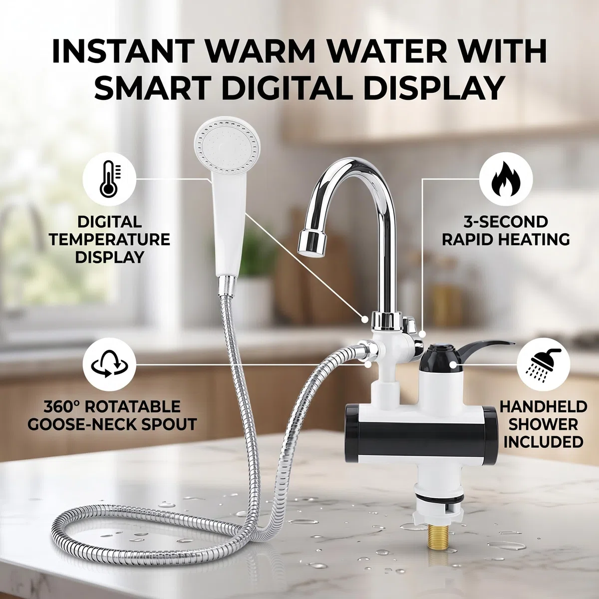 Display della Temperatura del Rubinetto del Riscaldamento 'erogatore Istantaneo di Acqua Calda e Fredda, Rotazione di 360 Gradi con Soffione per Bagno (Spina europea)