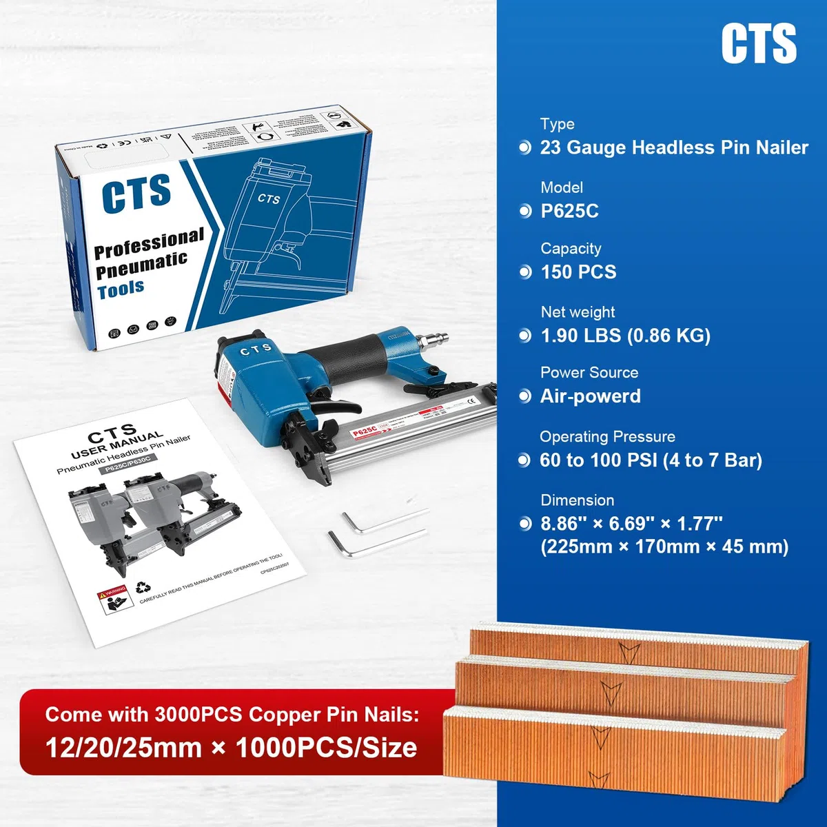 P625C Chiodatrice pneumatica con perni da 23 gauge e 3000 perni inclusi, chiodatrice pneumatica senza testa con blocco di sicurezza, adatta per perni da 1/2'' a 1'' (12 a 25mm), micro