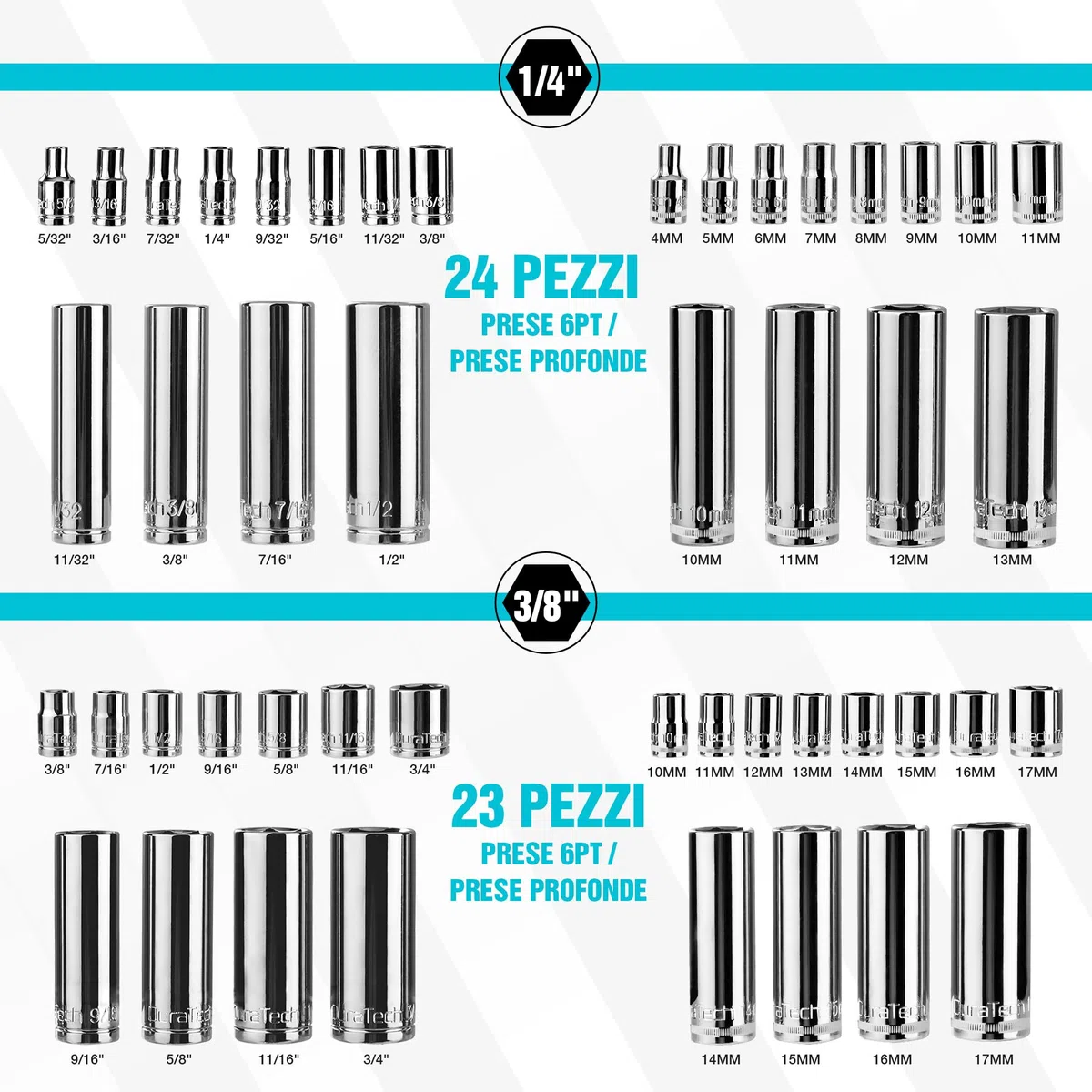 DURATECH Set di Attrezzi per Meccanica da 121 Pezzi, Set di Chiavi a Bussola, 1/4" e 3/8", Cricchetto a 72 Denti, Acciaio Cr-V, con Scatola, Include Cacciavite e Punte, Ideale per Lavori Meccanici