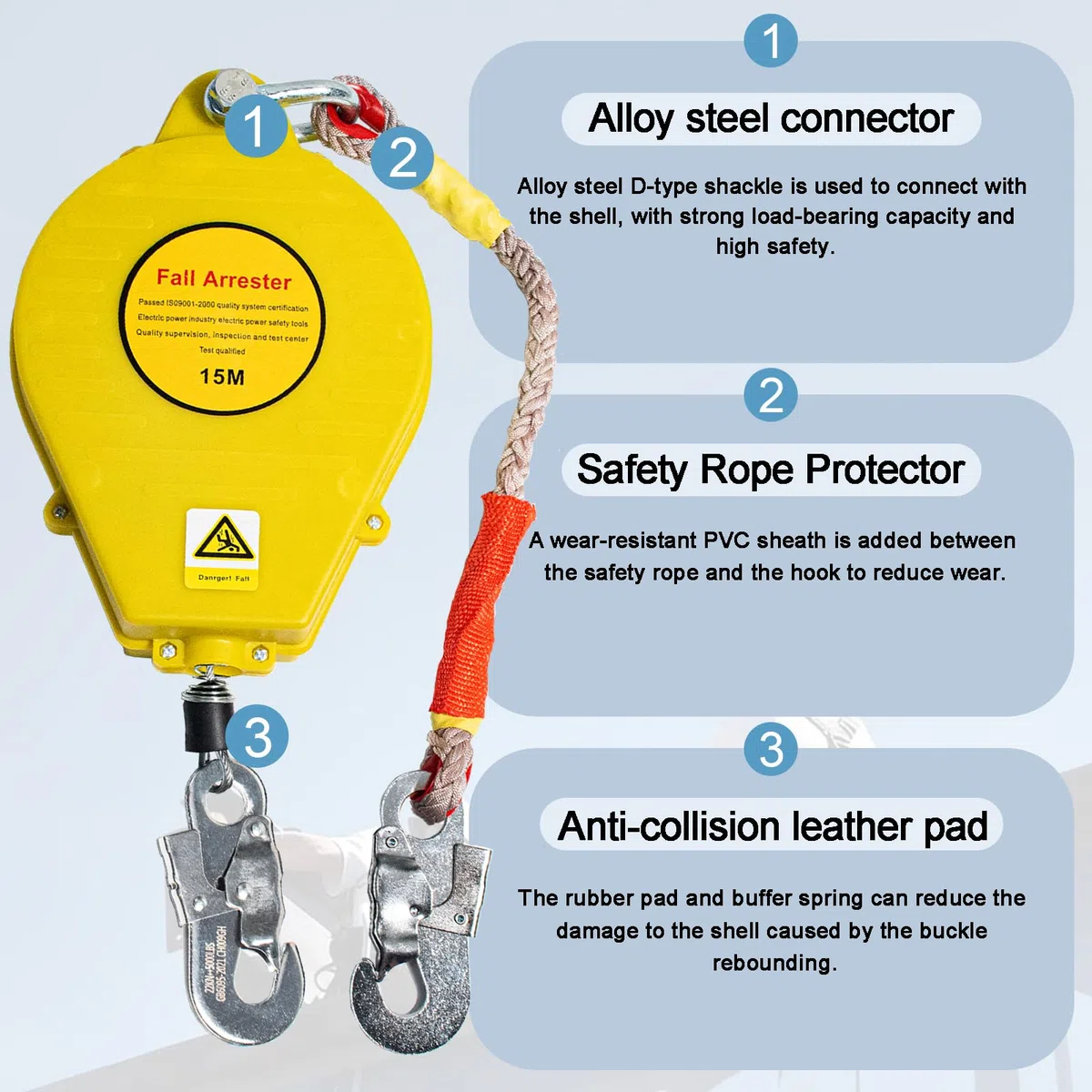 Imbracatura di Sicurezza Anticaduta Tetto, 150kg Dispositivo Anticaduta Retrattile Certificato 3-20m, Dispositivo Retrattile di Sicurezza Anticaduta per Tetto e Lavoro Aereo (Giallo,10 Metri)