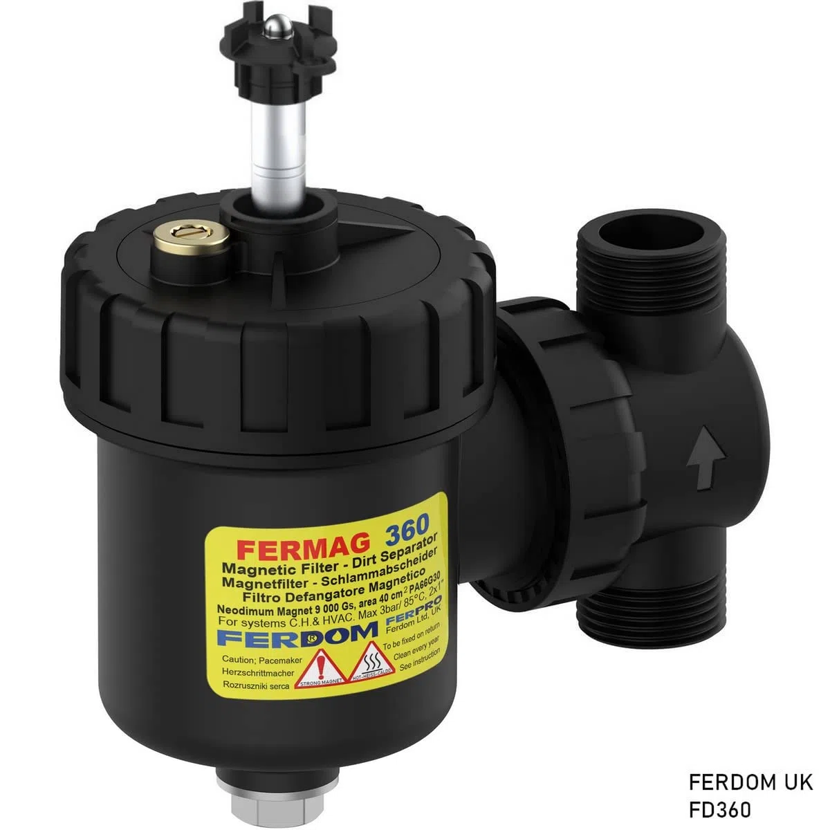 FERDOM FD360 Filtro Defangatore Magnetico. Per Sistemi Riscaldamento, Solare, HVAC. Con Separatore Di Sporco Non Magnetico. Per tubi verticali e orizzontali. Magnet 9000 Gs. Dim.1 "/ DN25. Per 24-30kW