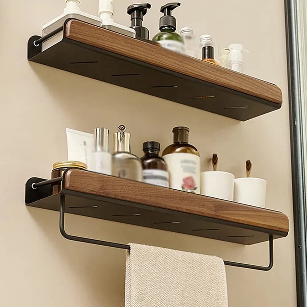 Mensola per Doccia, Mensola da Bagno in Noce, Mensola Organizer, Mensole Sospese, Mensola Rettangolare a Parete, Multifunzionale, Bagni, Cucine, Camera da Letto, con Portasciugamani, Portaogg