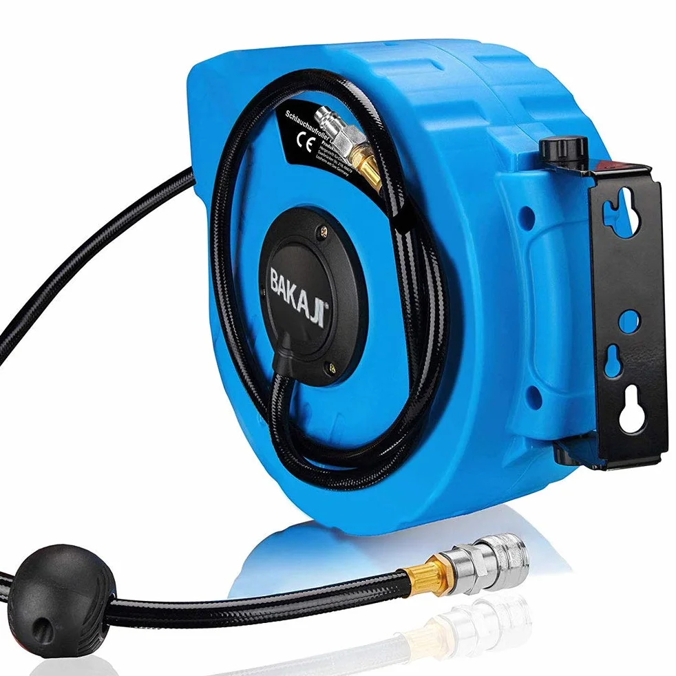 Bakaji Avvolgitubo Aria Compressa con Tubo 10 mt Attacco 1/4" Fissaggio a Parete Muro Sistema blocco automatico, Salvaspazio Accessorio Compressore Aria compressa Pressione Max 12 Bar