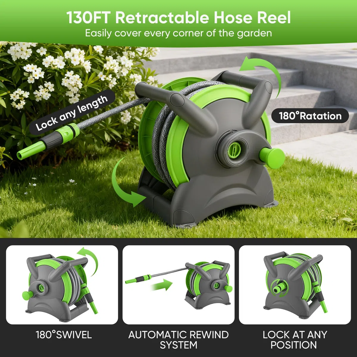 Avvolgitubo Automatico Retrattile 20m, Avvolgitubo da Giardino ad Aria Compressa, Fissaggio a Parete Girevole 180°, Canna Acqua Giardino per Irrigazione Giardino Orto e Pulizia Domestica