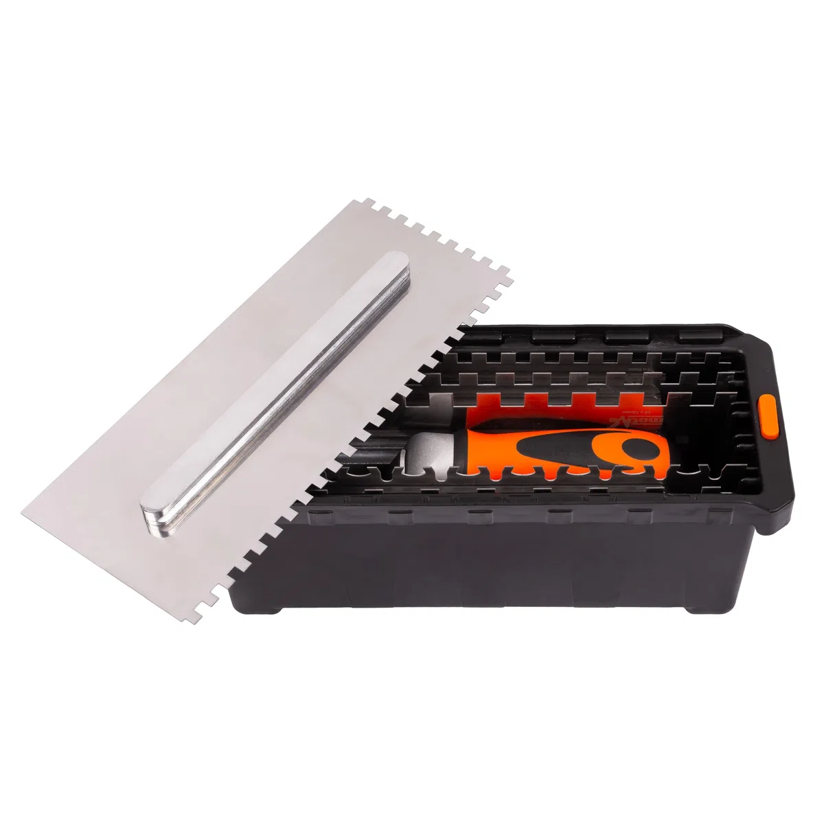MIVOS Set di Frattazzi con manico staccabile e scatola per il trasporto - 6, 8, 10, 12 mm, Tipo U, tipo Tiger - 6 Frattazzi dentati - Frattazzi in acciaio inox con impugnatura morbida - Cazzuola