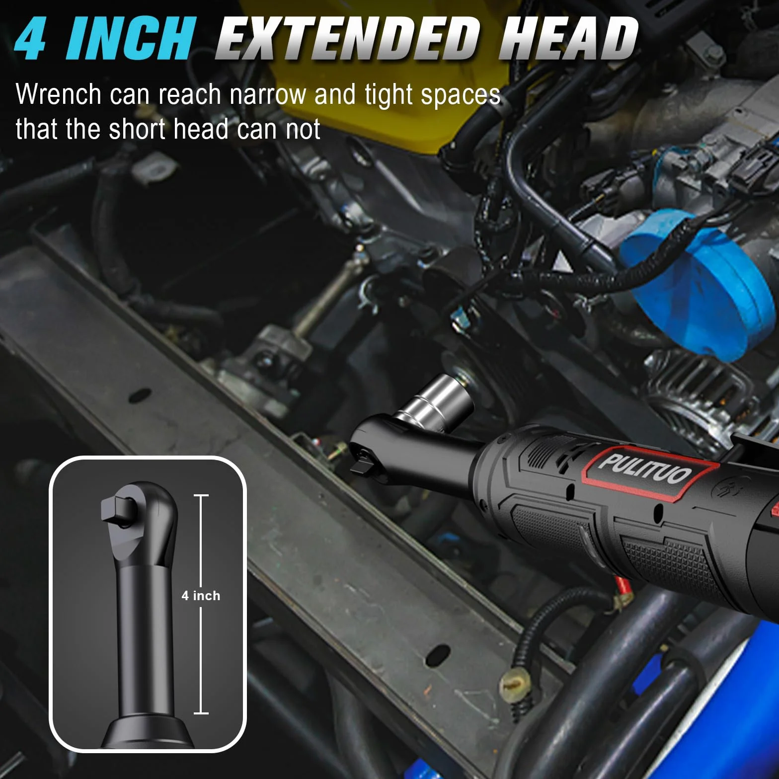 PULITUO 12V 3/8" Chiave a cricchetto elettrica a collo lungo, Chiave a Cricchetto a Batteria estesa Set da 40Ft-lbs con batterie 2x2.0Ah e carica rapida, velocità variabile da 300 RPM con 10 bussole