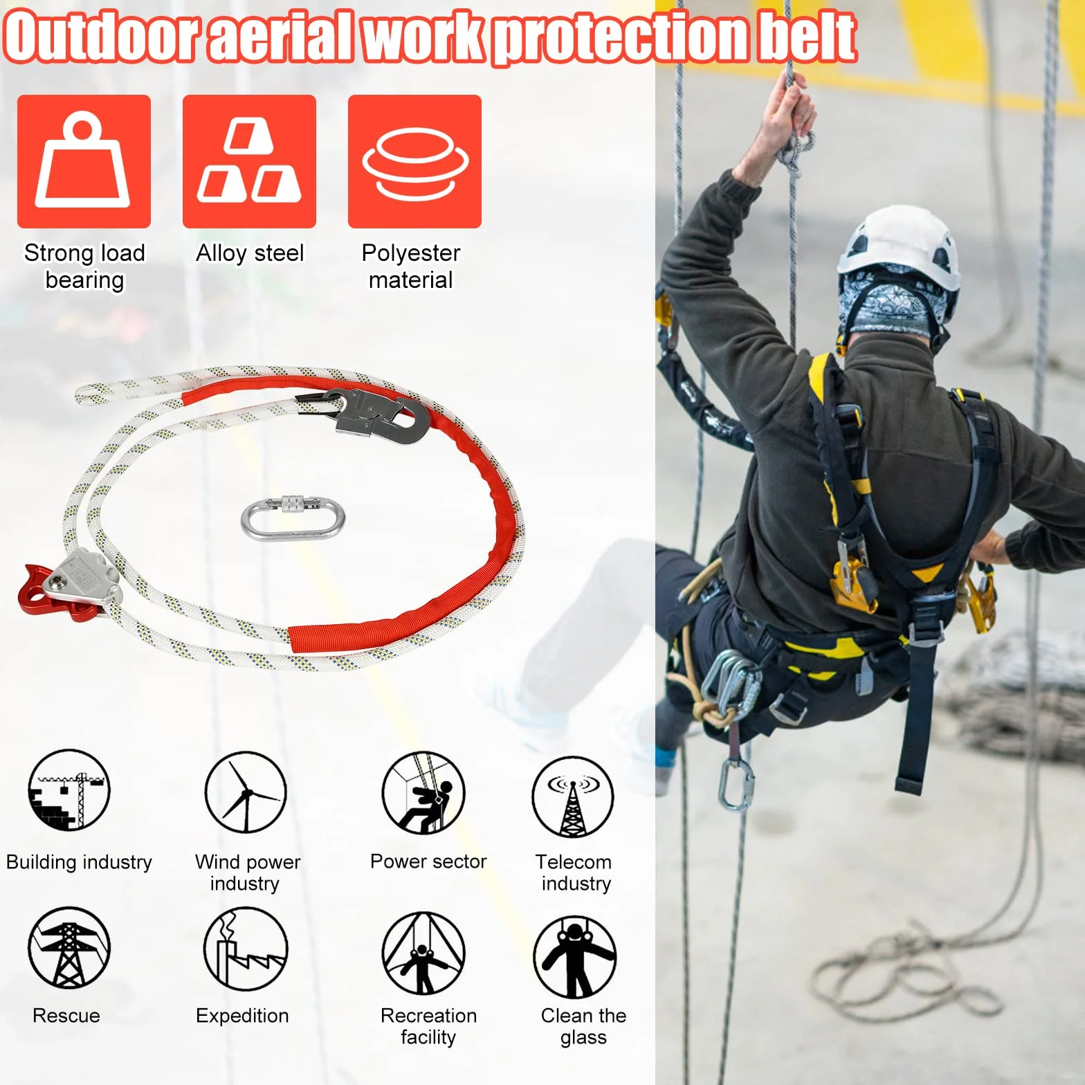 Linea di posizionamento regolabile, con accorciamento della corda PROT-3, protezione anticaduta per il collegamento tra la cintura di raccolta e il punto di arresto, corda per protezione anticaduta e