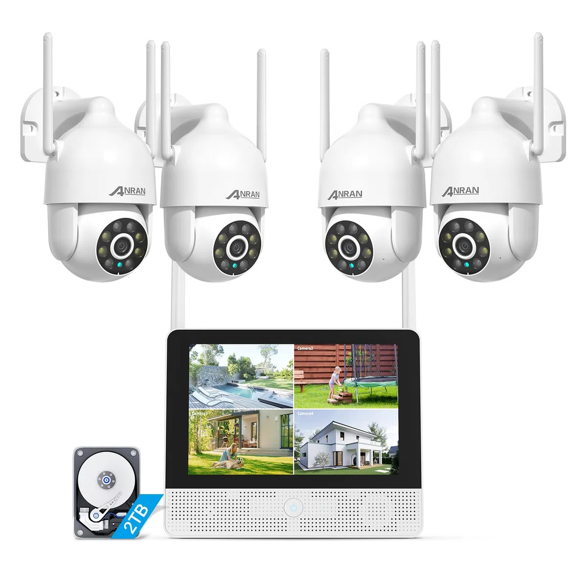 ANRAN 3K Kit Videosorveglianza Wi-Fi 6 con 10,5" Monitor, 8CH NVR + HDD 2TB, 4X5MP PTZ Telecamere WiFi Esterno, Rilevamento AI, Tracciamento Movimento, Notturna a Colori, Registrazione 24/7, IP67