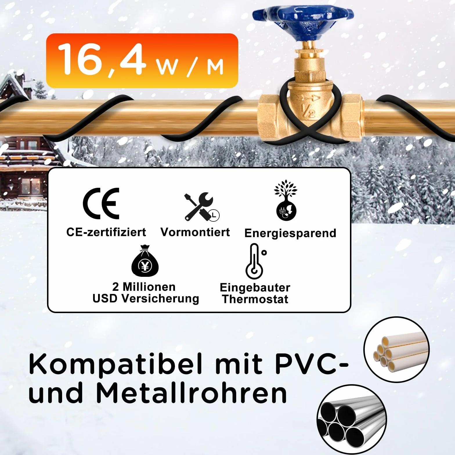 HEATIT JHSF 36m preassemblato Cavo di Riscaldamento autoregolante per Tubi con termostato
