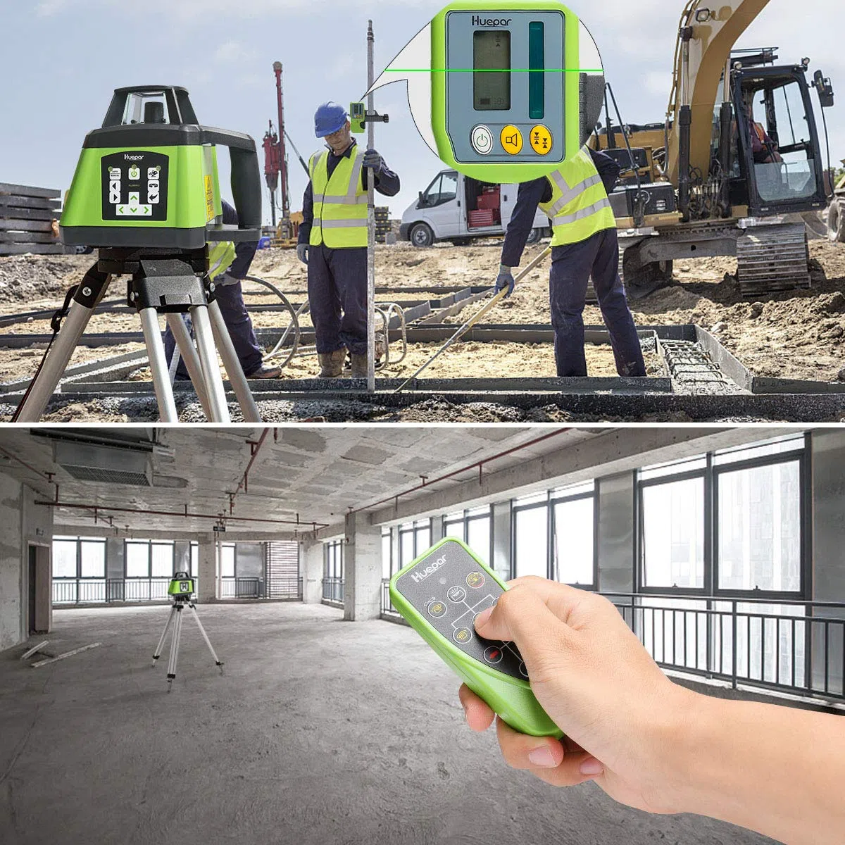 Huepar Livello Laser Verde Autolivellante 360 Rotante, Telecomando Regolabile per Interno/Esterno, Diametro di lavoro di 500m con Ricevitore, con Batteria Ricaricabile & Caricabatterie, RL200HVG