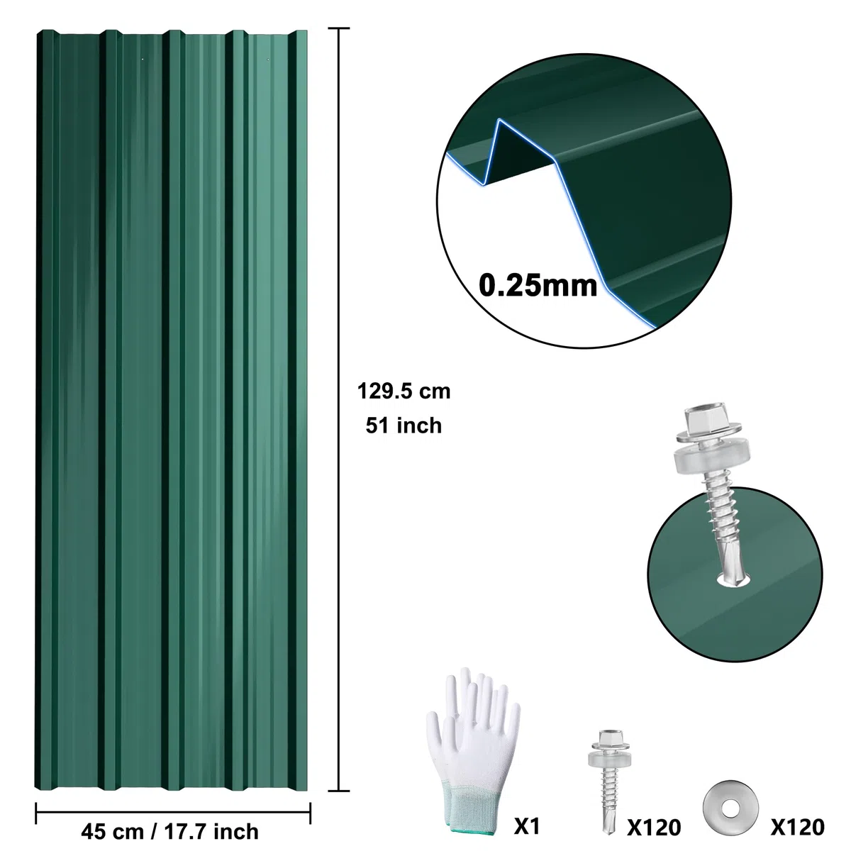 FIVMEN 12 lamiere trapezoidali zincate, 1295 x 450 mm, per tetto con guanti e viti, piastre ondulate, 7 m², verde