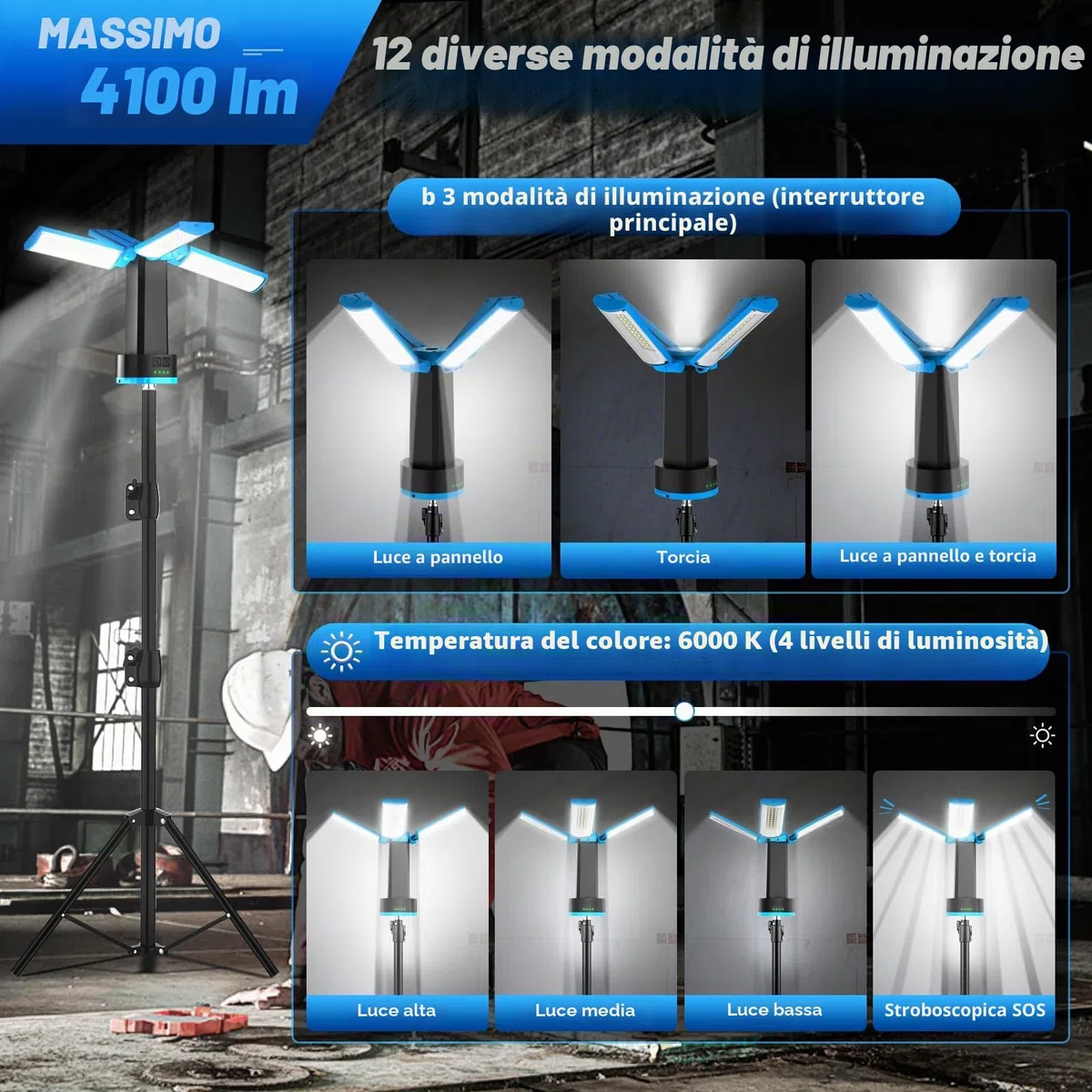 Proiettore Ricaricabile a LED con Treppiede Telescopico 10400mAh Proiettore da Cantiere 4 Modalità, 6000K Faro da Lavoro Cordless con Borsa da Trasporto per Garage, Campeggio, Esterni, Interni