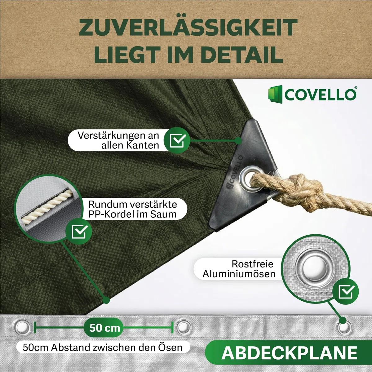 Covello Telo impermeabile esterno 260g/m² Top Line | Telo occhiellato 6m x 5m | Telo impermeabile | Resistente ai Raggi UV Agli Strappi | Telone multifunzionale per la protezione
