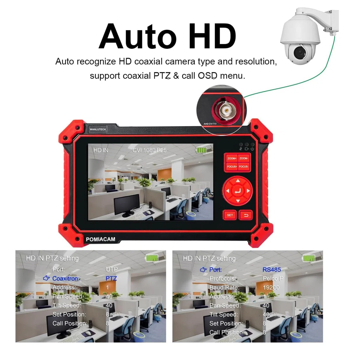 Tester per telecamera CCTV HD-2950, 8MP TVI CVI AHD CVBS Tester per fotocamera analogica da 5 pollici TFT-LCD Test cavo UTP Ingresso HDMI e VGA RS485 PTZ Control Audio Test 12V Potenza di uscita
