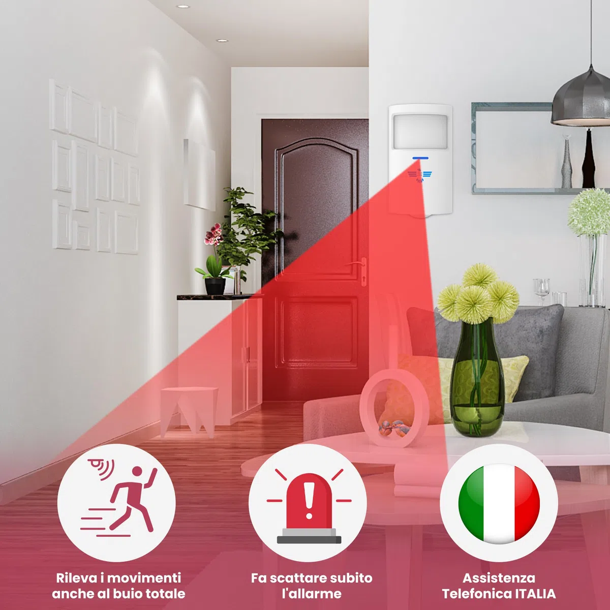 Kit Allarme Casa Wireless, Antifurto Casa Senza Fili con Sensori di Movimento e Sirena, Kit Antifurto Casa Completo con Connessione WiFi per Sicurezza Domestica. Assistenza Italia
