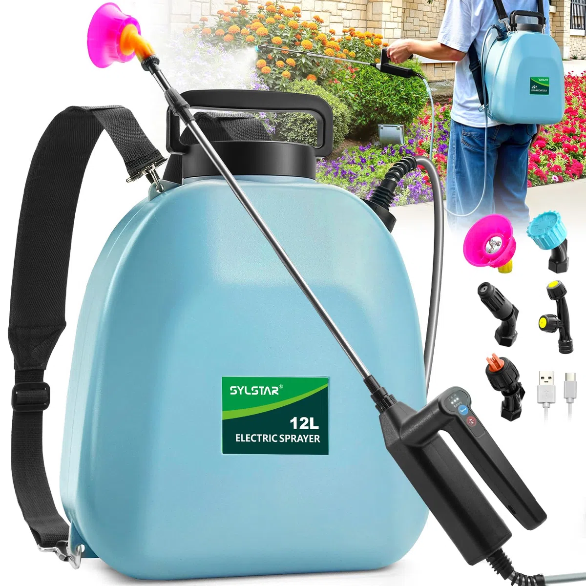 SYLSTAR Pompa Irroratrice a Batteria 12L, 3 Velocità Pompa a Spalla a Batteria con Indicatore, 7,4V Atomizzatore Potente Nebulizzatore Giardino con 5 Ugelli Regolabili per Giardino Cortile Prato