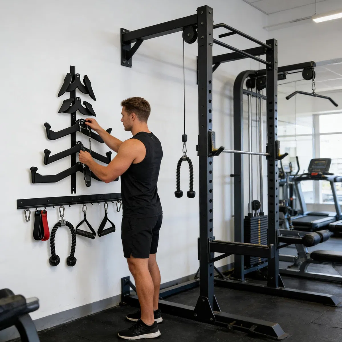 Lat Pull Down Bar Rack – 5 pezzi supporto da parete – Home Cable Attachment Storage Rack – per saltare corda manubri attrezzature fitness appassionati di allenamento