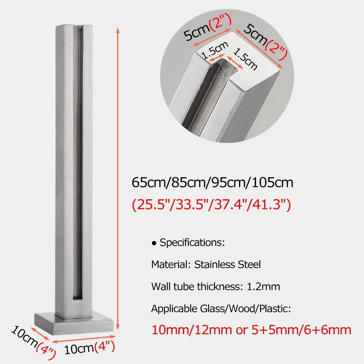 Ringhiera Vetro scale interne esterni Argento Paletto Per Ringhiera Per Pannelli In Vetro/Plastica/Legno 10/12 Mm, Palo Per Balaustra In Vetro In Acciaio Inossidabile Per Balcone/Scale
