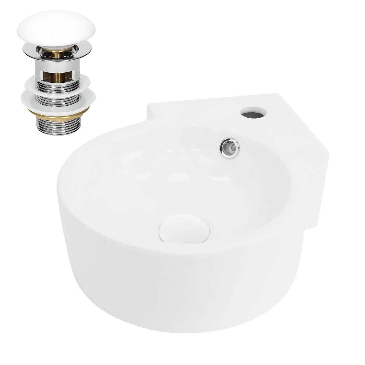 ML-Design Lavabo ad Angolo d'Appoggio in Ceramica Bianco Rotondo 45 x 36 x 13 cm Lavandino Angolare a Parete con Troppopieno Foro per Rubinetto Scarico Lavamani Design Moderno Lavello incl. Piletta