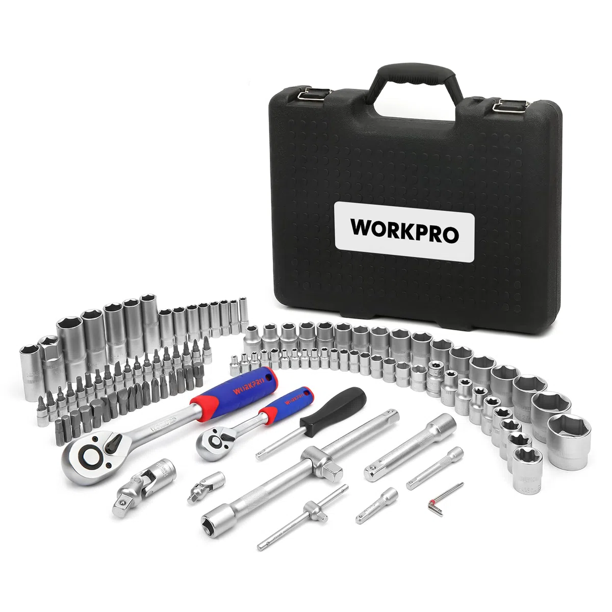 WORKPRO Set di Chiavi a Bussola con Cricchetto 1/4''+ 1/2'' 108 Pezzi, Custodia Portatile, Maniglia Girevole, Barra di Prolunga, Kit di Attrezzi Meccanici per Auto
