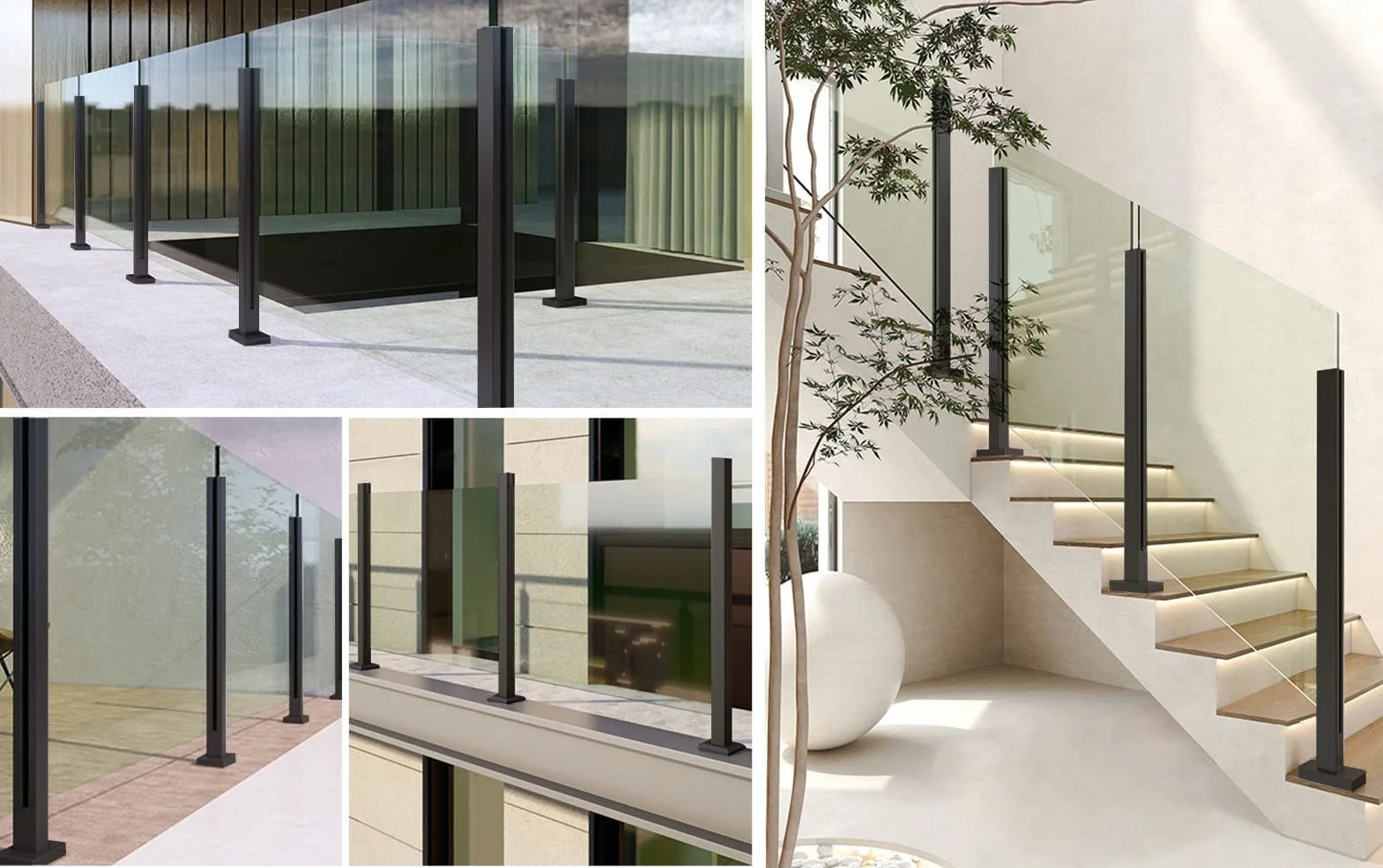 Ringhiera in Vetro Pali per Balaustre in Vetro Nero per Patio Esterno, Palo Resistente Della Ringhiera di Vetro, Parapetto per Palo di Recinzione in Vetro con Base ＆ Viti, Formato Personalizzato ( Col