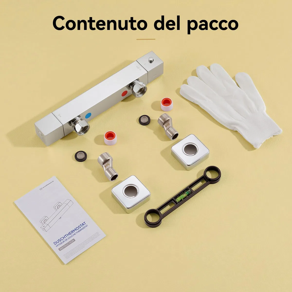 Auralum Miscelatore Termostatico Doccia Cromato Rettangolare, Rubinetto Doccia da Muro Esterno, Miscelatore Doccia con Deviatore per Asta Doccia Saliscendi con Soffione e Doccetta, per Vasca da Bagno