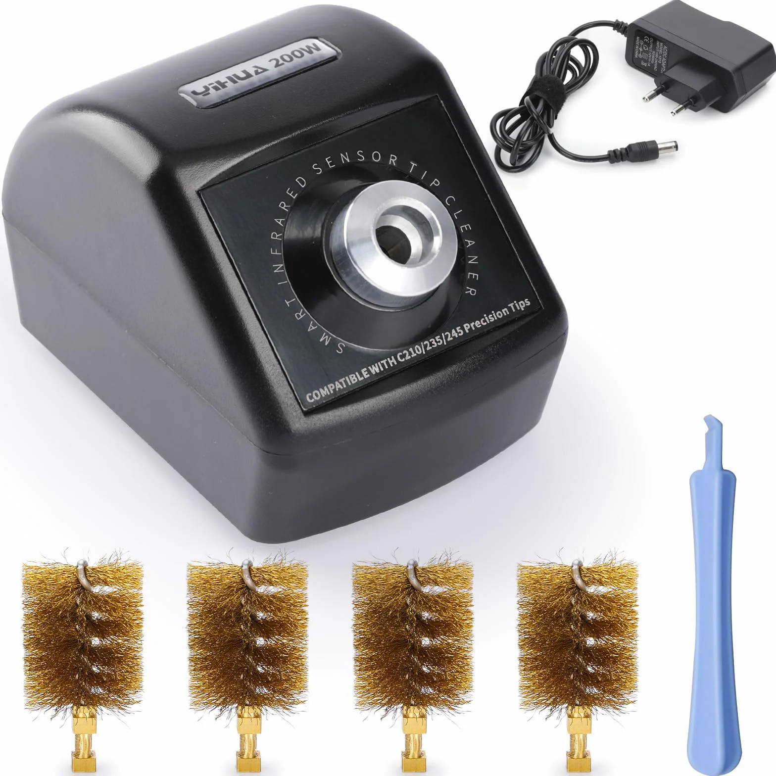 YIHUA 200W Detergenti per punte di saldatura motorizzato in rame con sensore a infrarossi, 4 spazzole in lana di ottone, adattatore di alimentazione 12V, compatibile con punte YIHUA C210, C245, C235