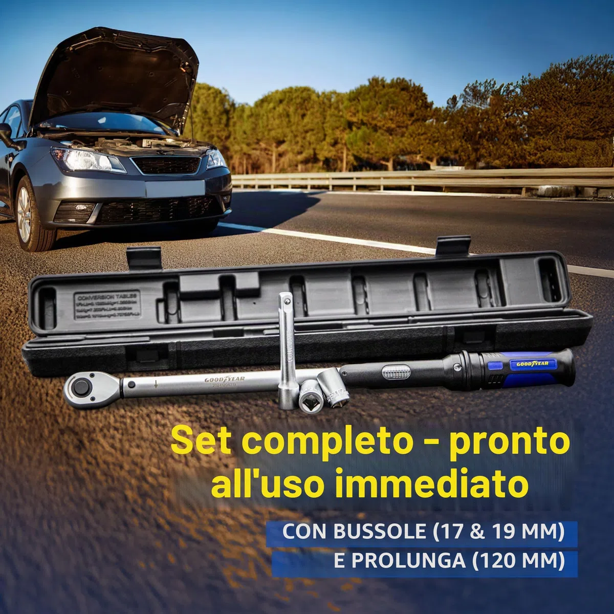 Goodyear Chiave dinamometrica premium, regolabile da 42 a 210 Nm, attacco quadrato da 1/2", prolunga inclusa e bussole da 17 mm e 19 mm