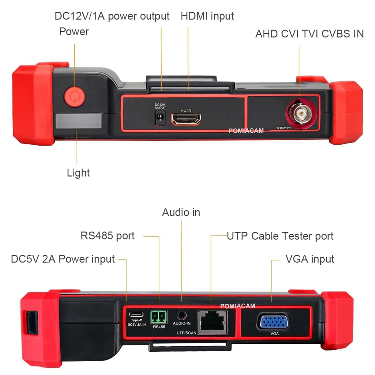 Tester per telecamera CCTV HD-2950, 8MP TVI CVI AHD CVBS Tester per fotocamera analogica da 5 pollici TFT-LCD Test cavo UTP Ingresso HDMI e VGA RS485 PTZ Control Audio Test 12V Potenza di uscita