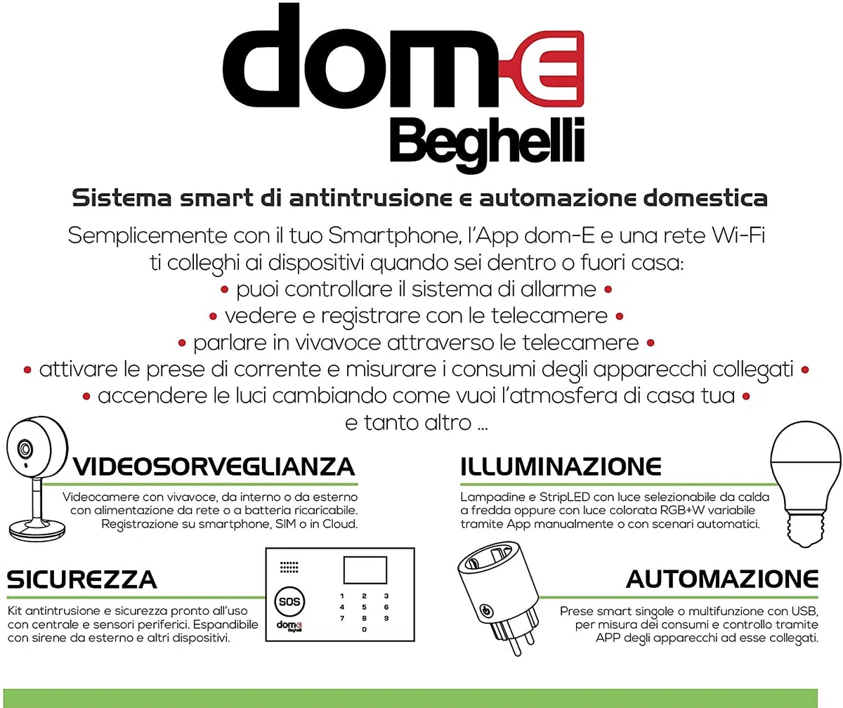 Beghelli - Kit Antitrusione Dom-e, Sistema di Allarme Wireless Wi-Fi/GSM con Batteria Anti Black-Out, Pulsante SOS, Compatibile Alexa e Google Home, Controllo via App e Assistente Vocale, Bianco