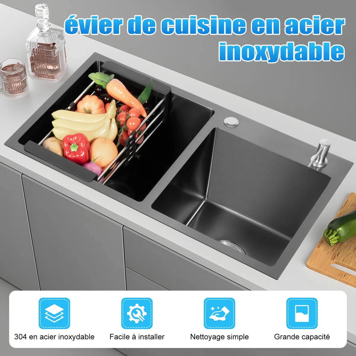 Lavello doppio in acciaio inox, 78 x 43 cm, lavello commerciale, lavello da cucina, in acciaio inox, doppio lavandino, rettangolare, con superficie di sgocciolamento, adatto per cucina