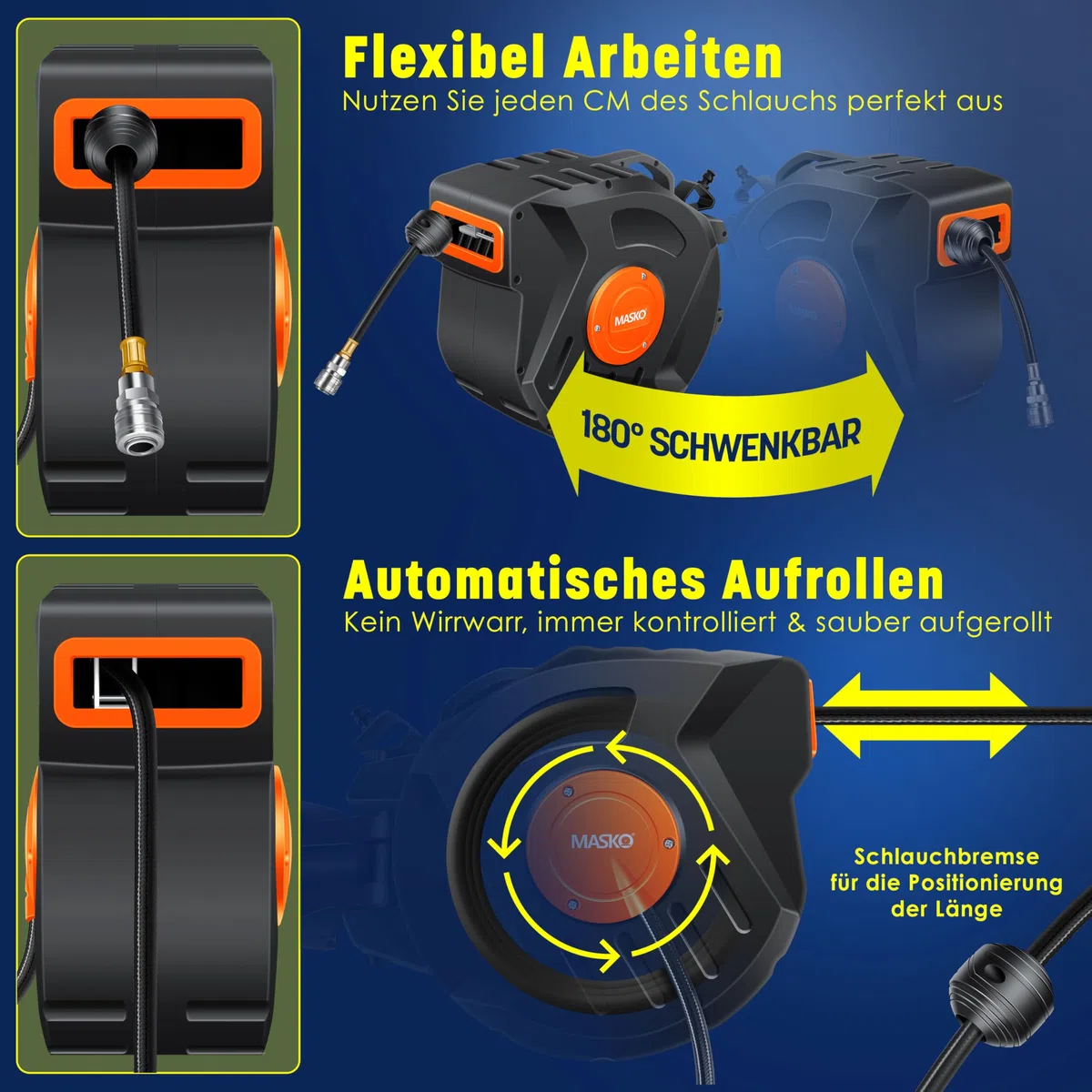 MASKO® Avvolgitore per tubo ad aria compressa automatico Attacco 1/4 - Avvolgitubo Portatubo a muro Avvolgitore per tubo Avvolgitore per tubo ad aria compressa, blu, 10m