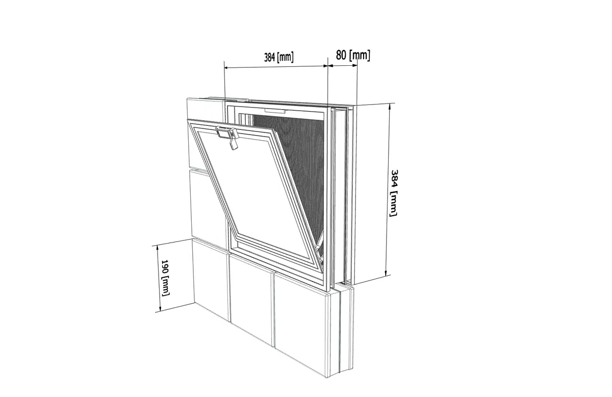 Finestra di ventilazione da inserire in una parete di vetromattoni o muratura | Dimensioni cm 38,4X38,4X8 | Unità di vendita 1 finestra