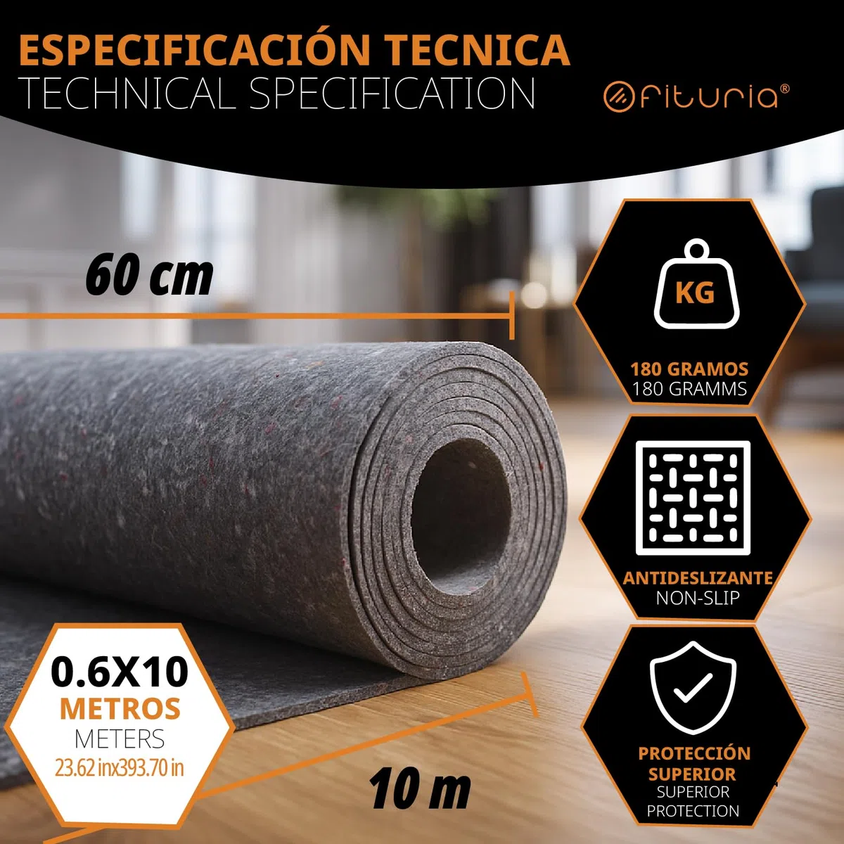 OFITURIA Feltro protettivo per pavimenti 60 cm x 10 m, 180 g/m², confezione da 3 pz, ideale per proteggere i pavimenti durante pittura e lavori (60cmx10m, 3 pz)