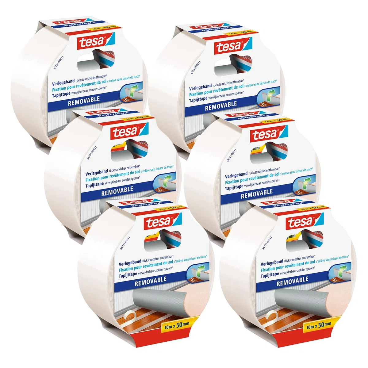 Tesa - Nastro biadesivo rimovibile senza residui, 6 rotoli da 10 m x 50 mm