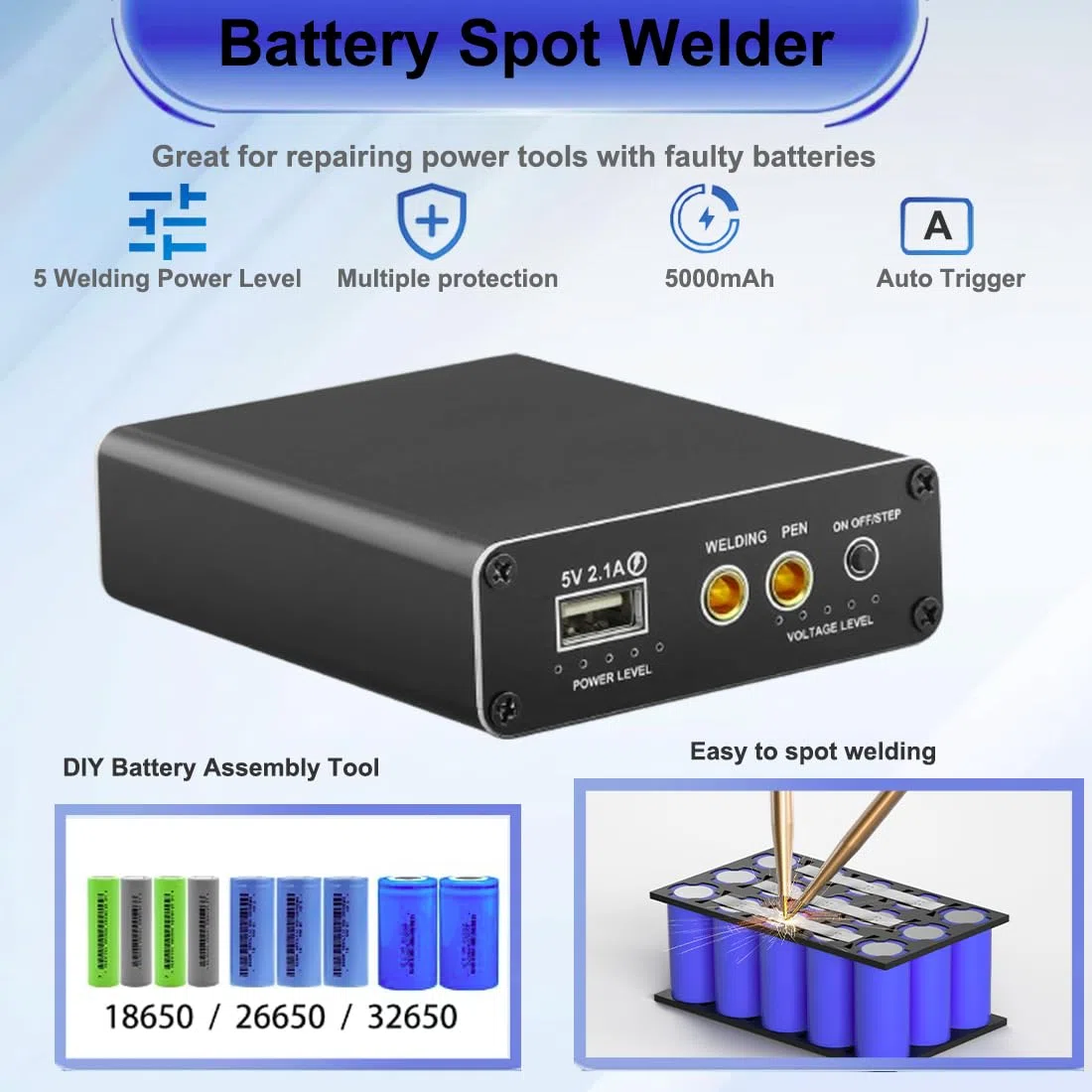 Saldatrice a Punti,con 11 livelli di potenza di saldatura, 50000mAh batteria, 2M foglio di nichel-plate, per la fabbricazione di pacchi batteria (Nero profondo)