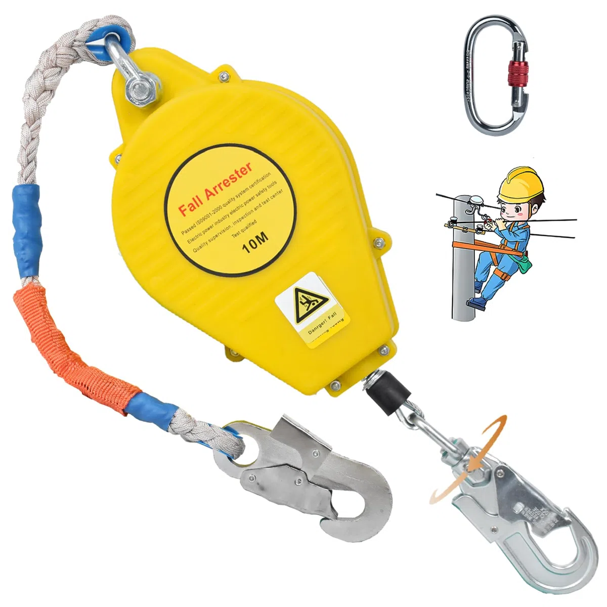 Dispositivo Anticaduta Retrattile Certificato 10m/15m/20m, Imbracatura di Sicurezza Anticaduta Tetto con Gancio Rotante, 150kg Dispositivo Sicurezza Anticaduta Tetto/ Lavoro Aereo(Giallo,10m)