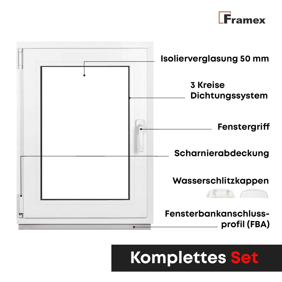 Finestra in plastica di alta qualità, larghezza x altezza: (70 x 65 cm), profilo a 7 camere, profondità di costruzione 80 mm, 3 vetri, 50 mm, inclinazione girevole, DIN sinistro