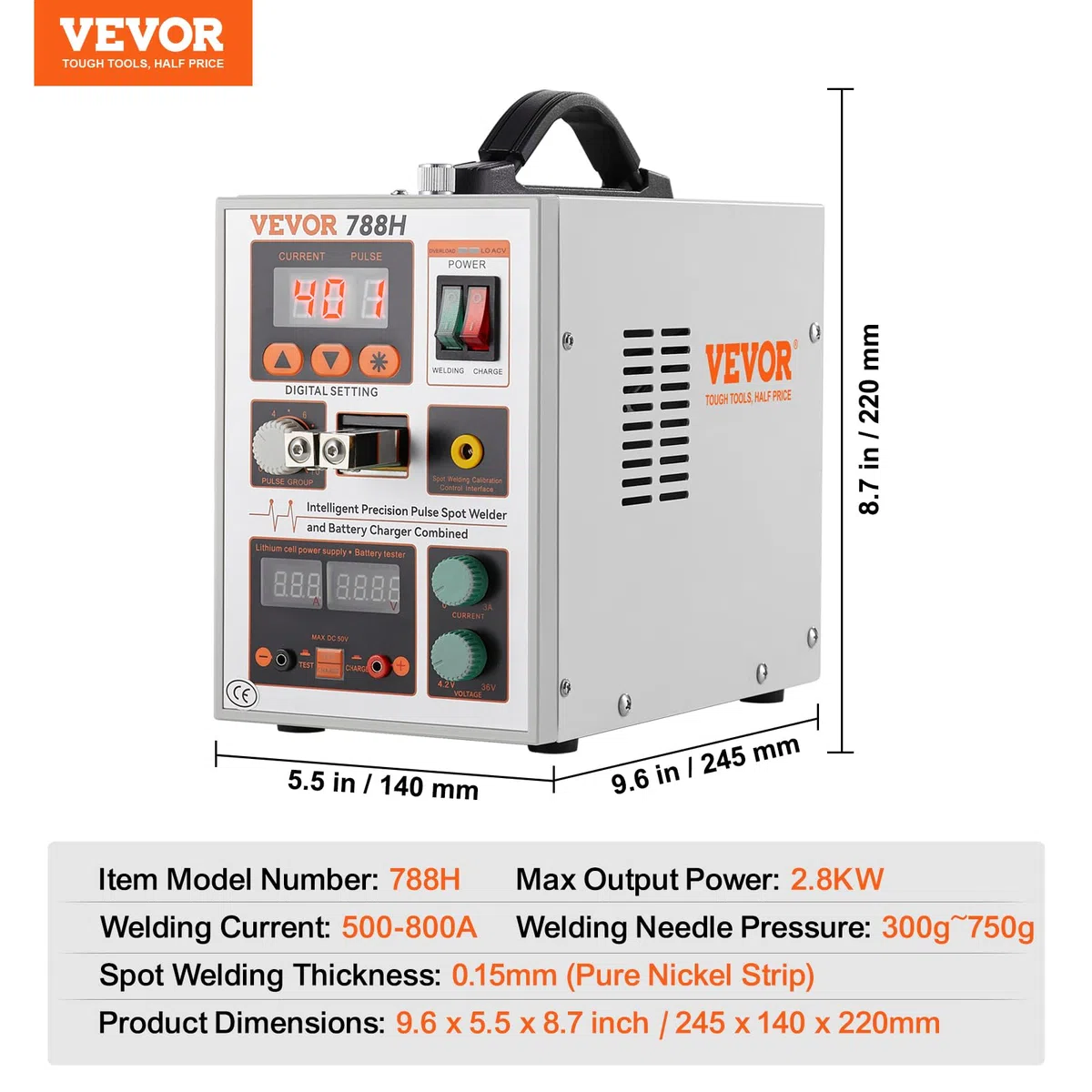 VEVOR Saldatrice a Punti a Batteria, Saldatrice a Punti a Impulsi 788H, Saldatrice a Batteria Portatile ad Alta Potenza con 2 Modalità, LED per Nichel Puro da 0,15 mm