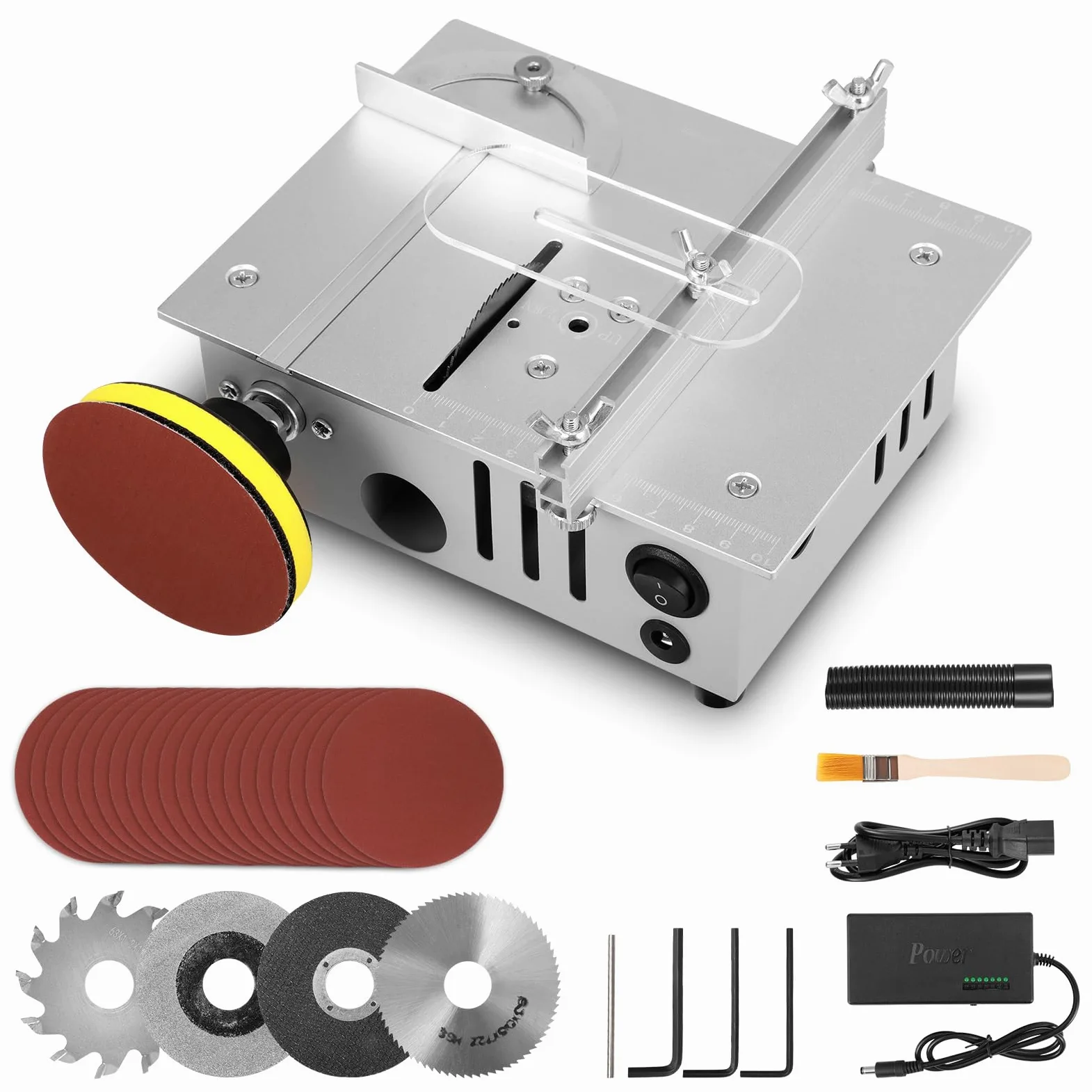 Mini sega circolare da tavolo con disco per lucidatura e 4 lame, mini sega circolare con alimentatore di rete a 7 marce, lama per sega regolabile da 0,1 a 15 mm, sega circolare portatile piccola per